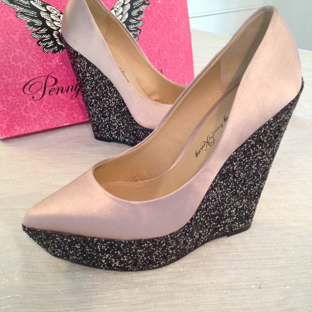 Champagne Satin Black Sparkle Platform Wedges